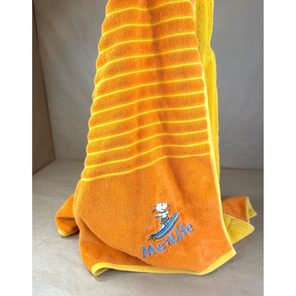 Vintage MetLife Snoopy Beach Towel Orange Striped Peanuts Surfing Embroidered